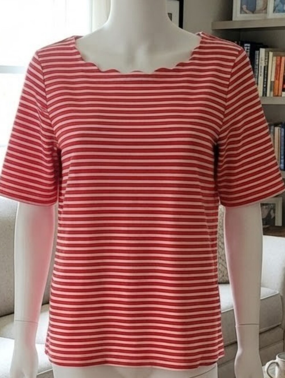 Talbots striped Coral And White Scalloped neck top